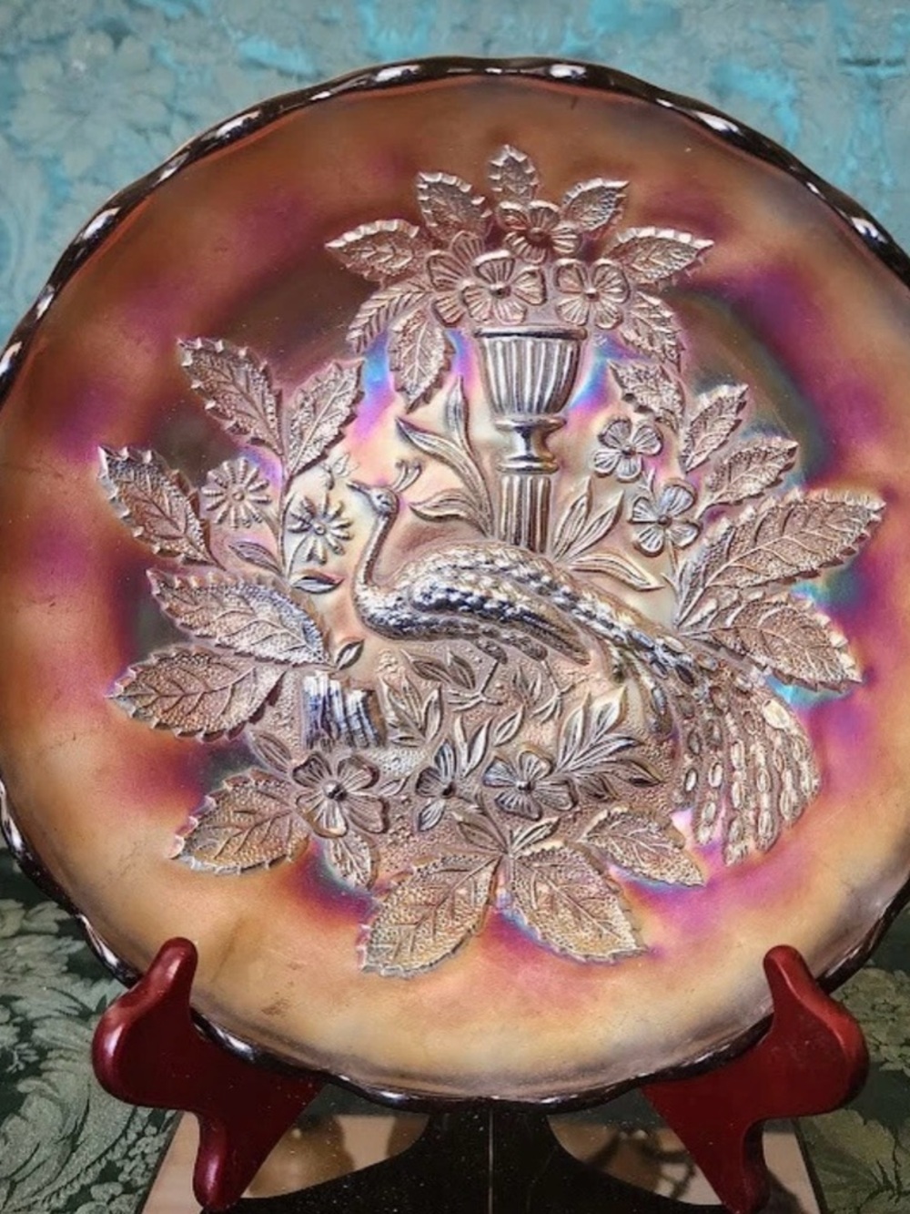 Carnival Glass Millersburg 1900's Iridescent & Purple Gold Gilt Peacock & Urn